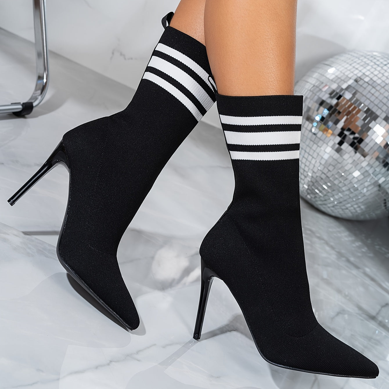 Elegant Temperament Black Stiletto Heeled Boots For Ladies, Women's Sock Boots Pointed Toe Stiletto Heeled Boots